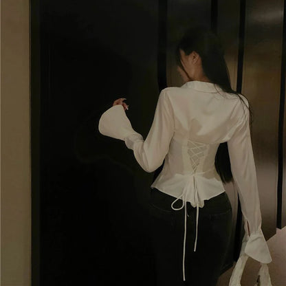 Gidyq Fashion Women Bandage Shirts Korean All Match Streetwear Female Slim Blouse Spring Casual White Bell Sleeve Shirt New - Smarsty