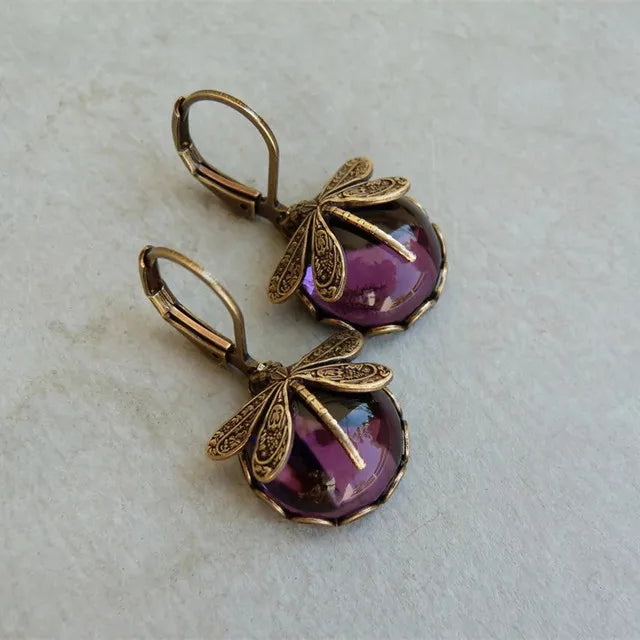 Vintage Bronze Dragonfly Drop Earrings with Moonstone Accent - Smarsty