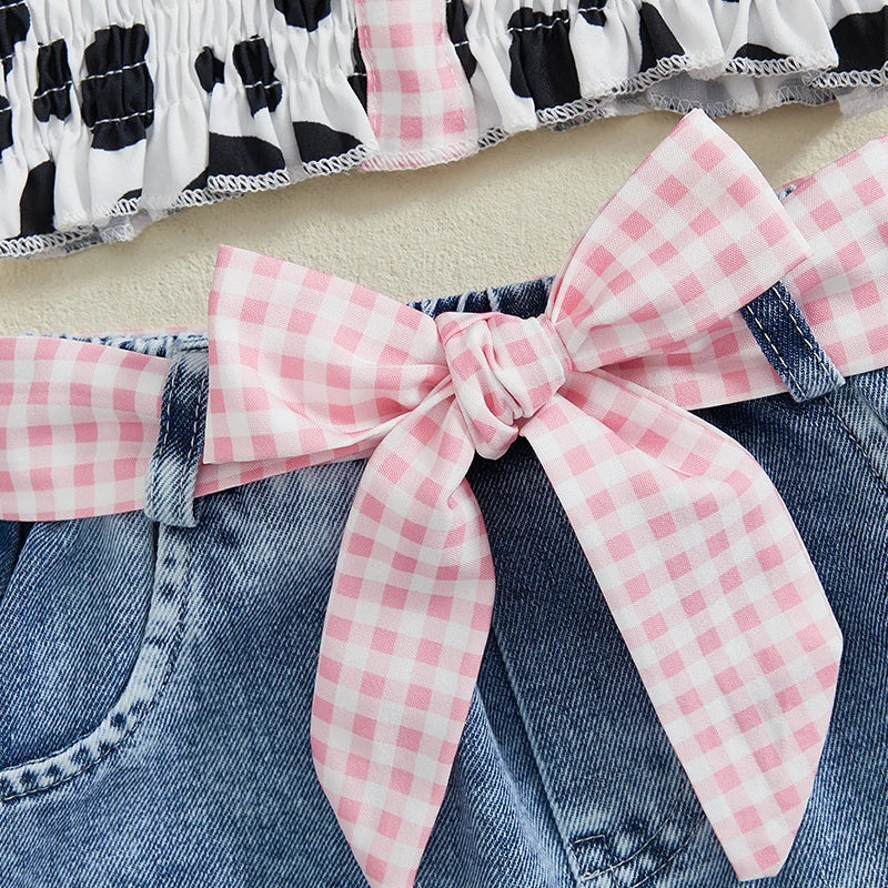 Girls Summer Outfit Leopard Print Sleeveless Top and Distressed Denim Shorts with Frayed Hem and Belt Set