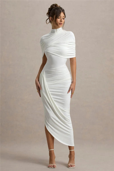 Mozision Half Sleeve Backless Ruched Sexy Maxi Dress Women Summer New Turtleneck Slim High Waist Evening Club Party Long Dress - Smarsty