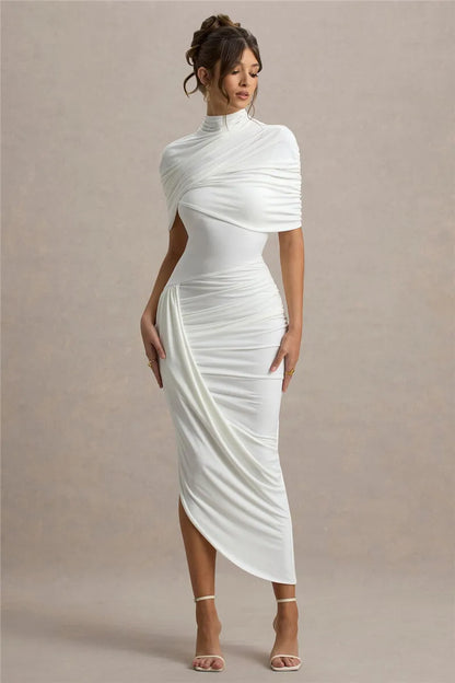 Mozision Half Sleeve Backless Ruched Sexy Maxi Dress Women Summer New Turtleneck Slim High Waist Evening Club Party Long Dress