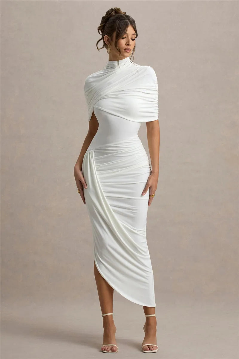 Mozision Half Sleeve Backless Ruched Sexy Maxi Dress Women Summer New Turtleneck Slim High Waist Evening Club Party Long Dress