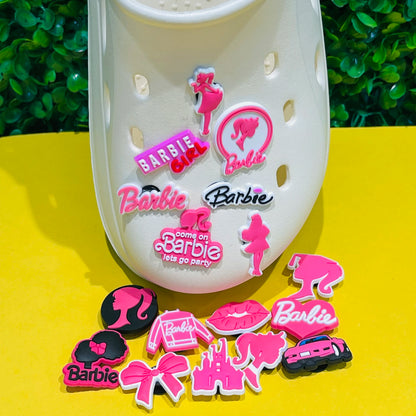 17PCS Cartoon Miniso Disney Barbie Girl Car Coat Bow Lips PVC Shoe Charms For Clog Pins Children Adorable Decoration Party Gift