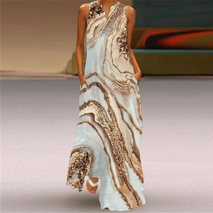 2024 New Summer Women's Sleeveless V-neck Printed Sexy Dress Long Dress Cross Border Women's Wear in Europe and America - Smarsty