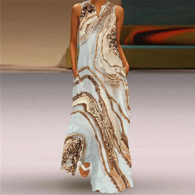 2024 New Summer Women's Sleeveless V-neck Printed Sexy Dress Long Dress Cross Border Women's Wear in Europe and America - Smarsty