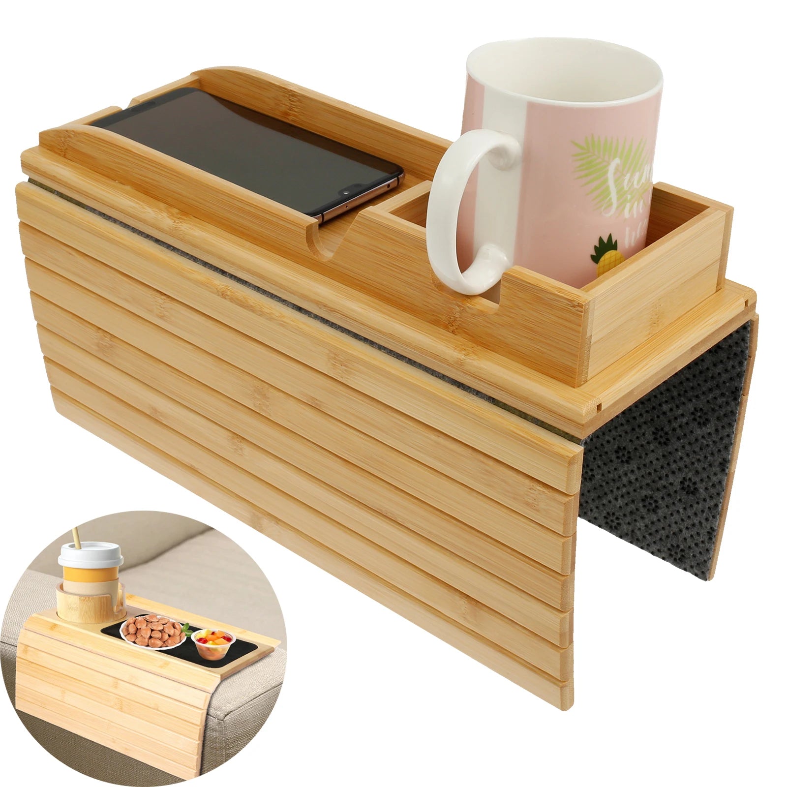 Couch Cup Holder Bamboo Wood Sofa Armrest Tray Foldable Sofa Cup Holder Anti-Slip Couch Arm Cup Holder Sofa Side Storage Tray by Smarsty