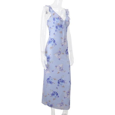 Cryptographic Summer Floral Print Plunge Maxi Dress Outfits Sexy Backless Fairy Sun Dresses Vacation Beachwear Vestido Coquette - Smarsty