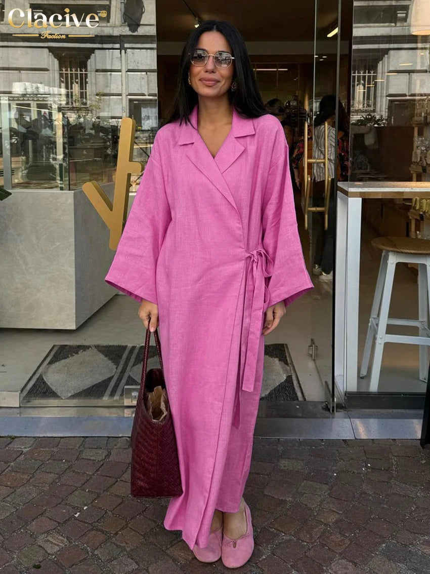 Clacive Casual Loose Pink Cotton Dress Ladies Fashion Lapel Long Sleeve Ankle Length Dress Elegant Lace-Up Dresses For Women - Smarsty
