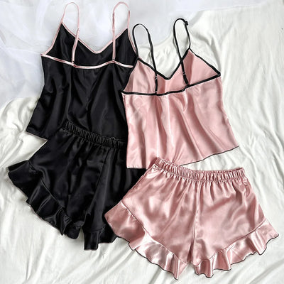 Women's Smooth Satin Pajamas V-Neck T-Shirt Ruffled Edges And Bow Shorts Simple And Breathable Pajama Set Sling Home Clothing - Smarsty