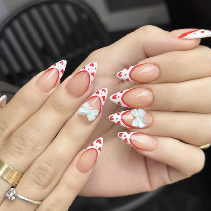 24 Piece Pink Almond Fake Nail Set With Bowknot Design - Smarsty