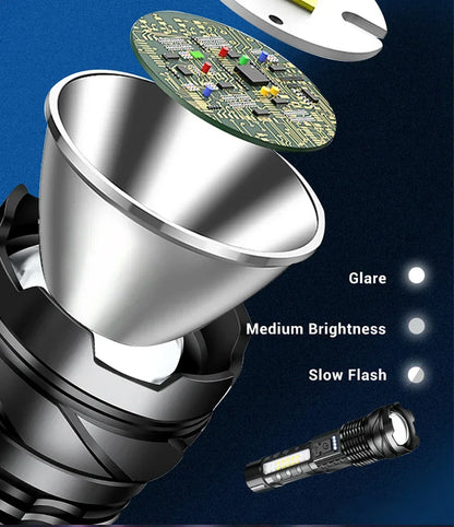 Rechargeable LED Flashlight Zoomable Torch with COB Side Led 7 Modes Waterproof High Power Hand Light Outdoor Wilderness Camping