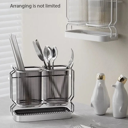 Luxury Wall-Mounted Chopsticks Holder - No Drill Utensil Organizer for Kitchen, Multi-Function Spoon & Fork Rack with Drain Hole