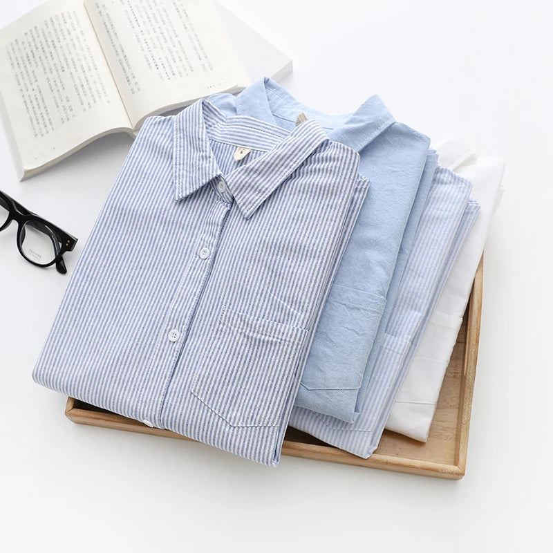 Casual Cotton Women's Oxford Shirt 2024 Autumn New Good Quality Woman Blouse and Tops Lady White Blue Striped Shirts Clothes - Smarsty