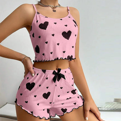 Women's Pajamas Set Sleepwear 2 PCS Short Tank Tops And Shorts S M L White Ventilate Soft Casual Love Printing - Smarsty
