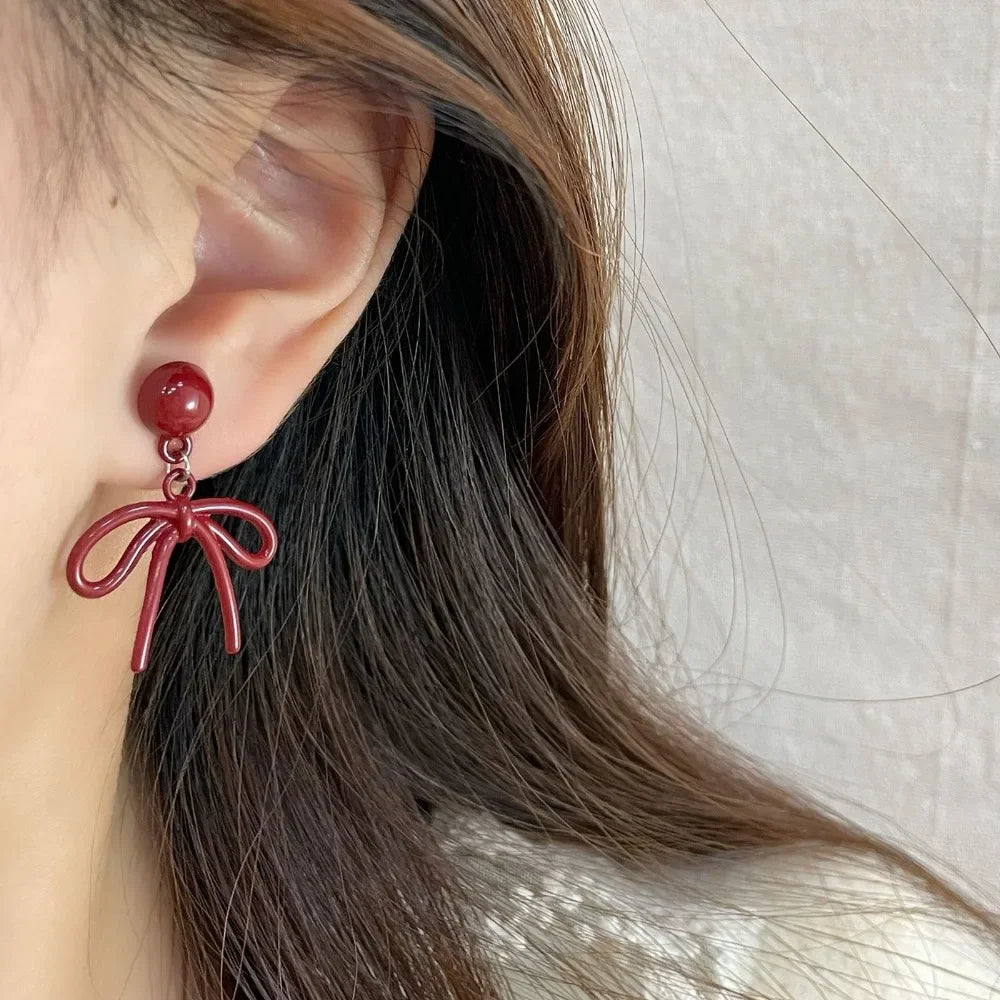 Retro Red Bow Stud Earrings For Women Elegant Lightweight - Smarsty
