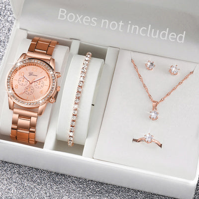 6PCS Women's Rhinestone Quartz Watch Jewelry Set - Smarsty