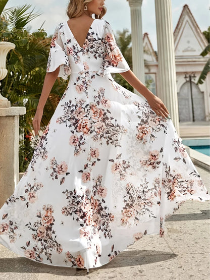 Wefads Women Long Dress Summer Casual Sexy V-Neck Lotus Leaf Sleeves Printed Beach Holiday Dresses - Smarsty