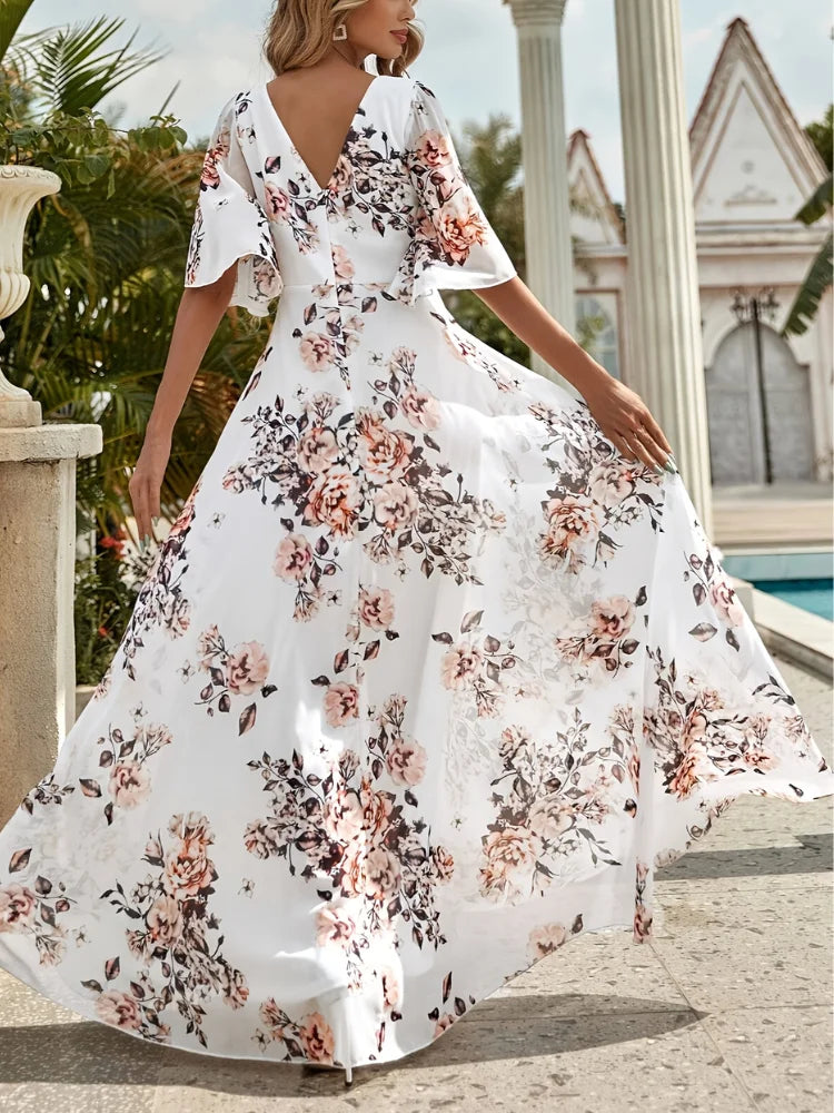 Wefads Women Long Dress Summer Casual Sexy V-Neck Lotus Leaf Sleeves Printed Beach Holiday Dresses - Smarsty