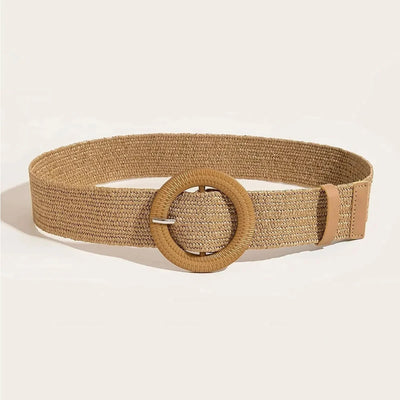 Women Boho Straw Belt with Round Buckle for Beach - Smarsty