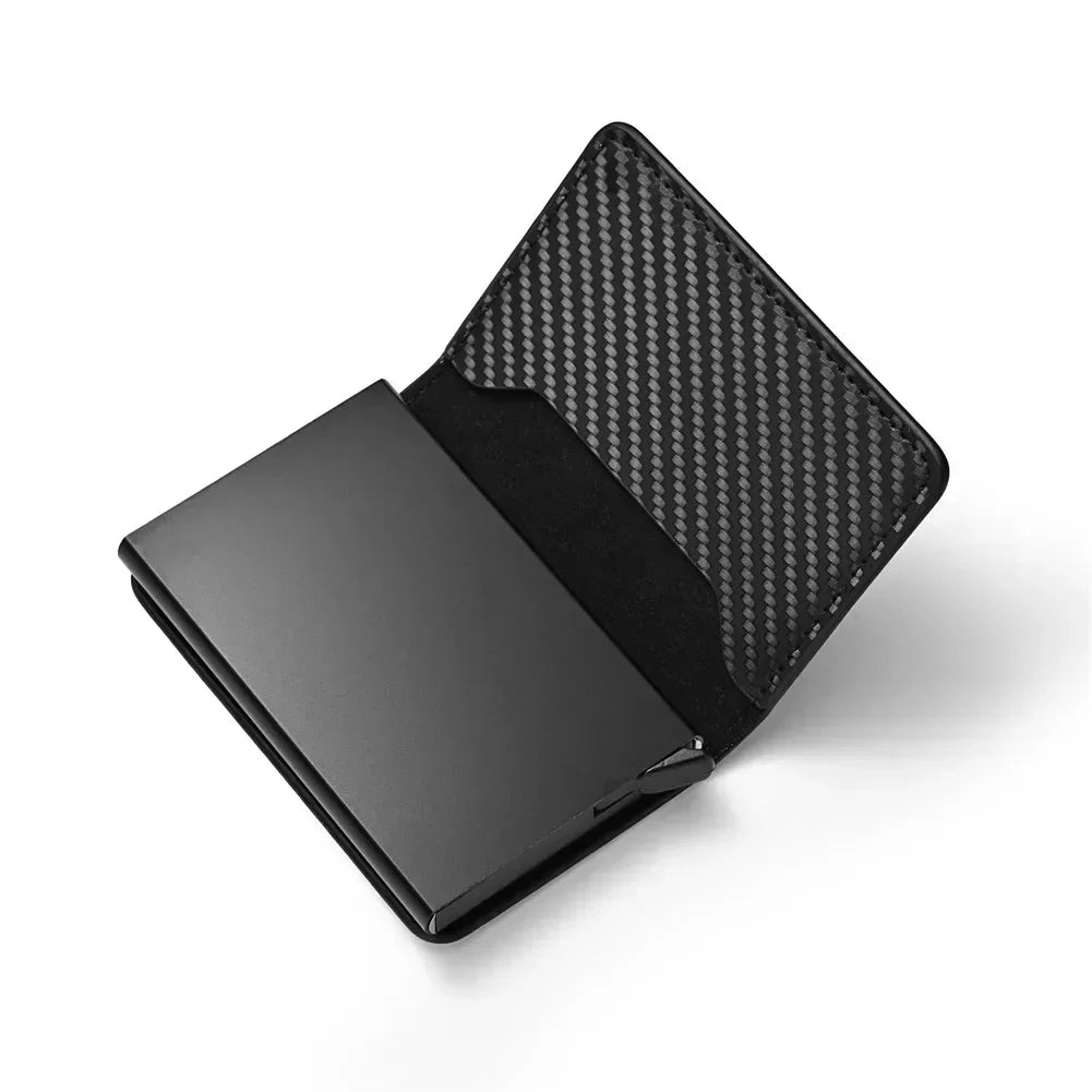 RFID Anti Blocking Anti-theft Automatic Pop-up Card Holder, Men's Black ID Credit Card Holder Case Wallet, Carbon Fiber Purse