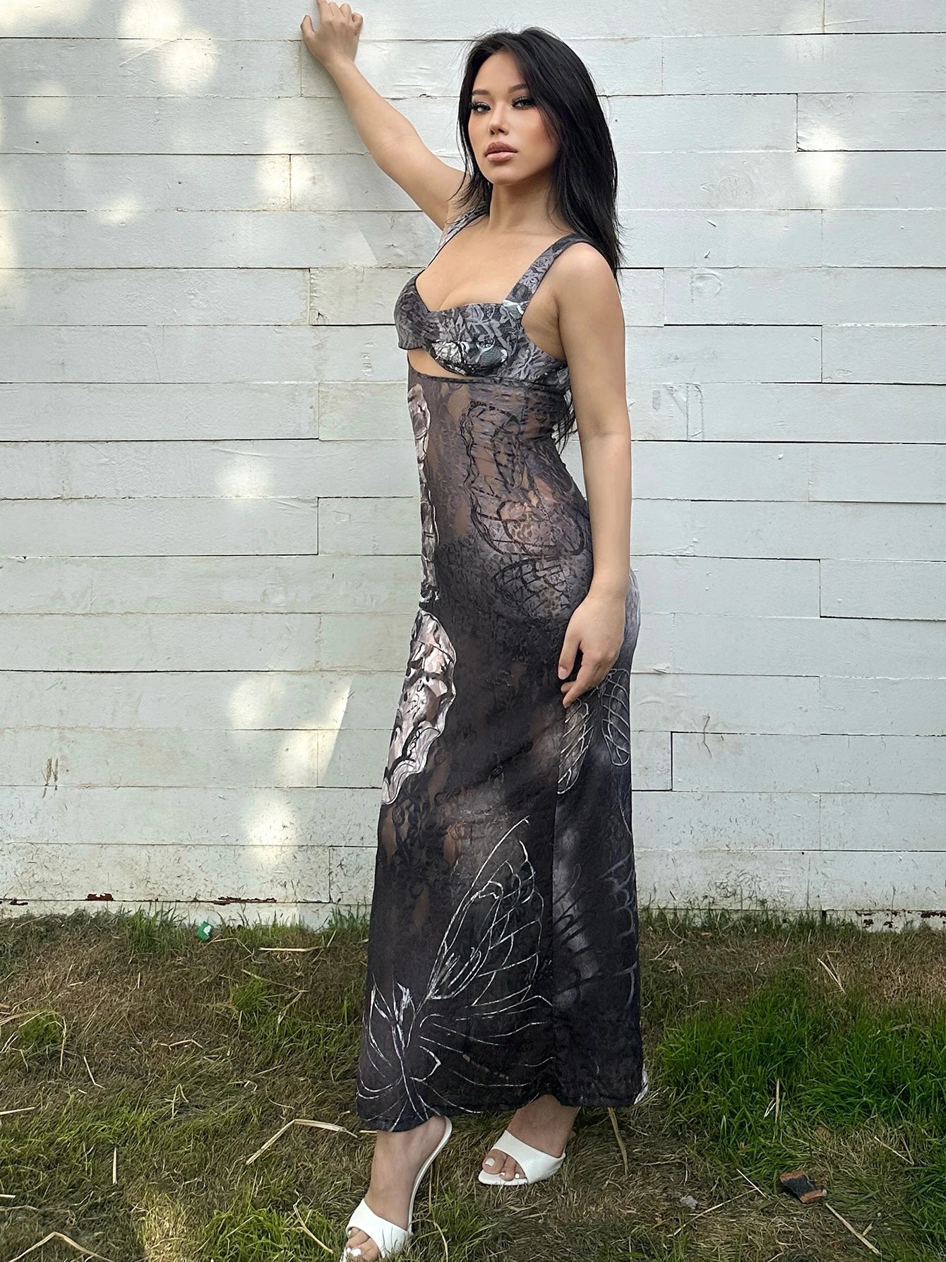 Dulzura Lace Print Cut Out Maxi Dress Bodycon Sexy Party Club Y2K Outfits Streetwear Bandage Dress Vestido Classic Prom