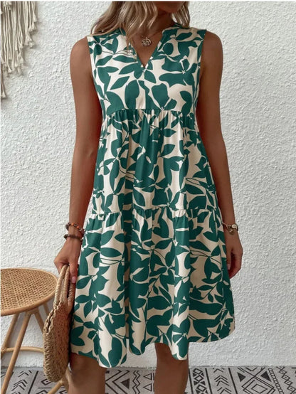 Women Boho Print Mini Dress Summer Elegant Sleeveless V Neck Ruffle A Line Tank Dress Casual Loose Oversize Beach Party Sundress - Smarsty