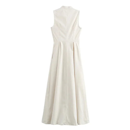 MUJER Zipper Long Dress Woman Pleated Sleeveless Bodycon Dress Summer Elegant Party Dresses For Women 2025 New Midi Dresses