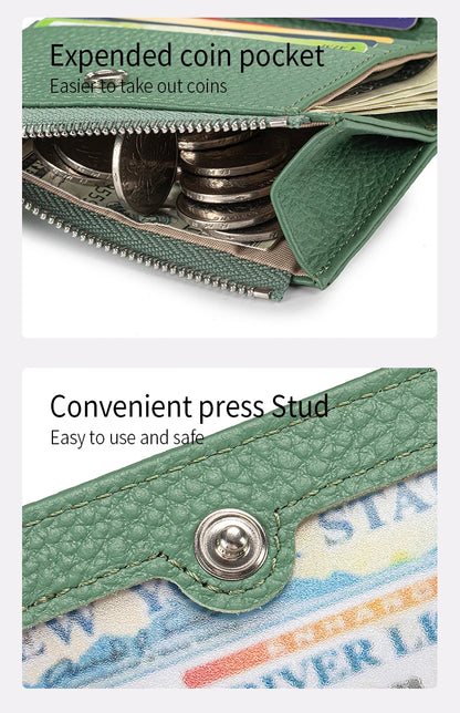 Women Genuine Leather Slim Short Wallet RFID Blocking Bi-Fold Wallet Credit Card Holder money clip wallet Zipper Coin pocket