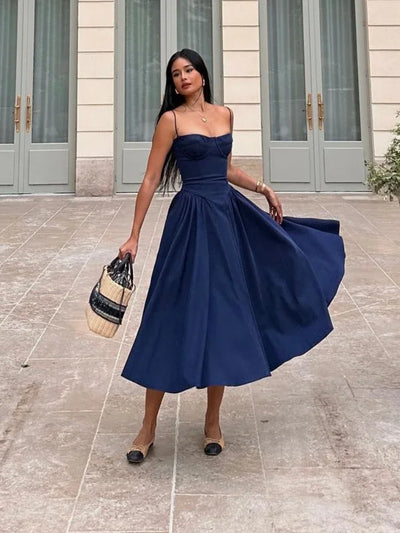 Suninheart Elegant Spaghetti Strap Midi Dress Slim A Line Party Dresses Navy Blue Casual Birthday Holiday Dress Women's clothing - Smarsty