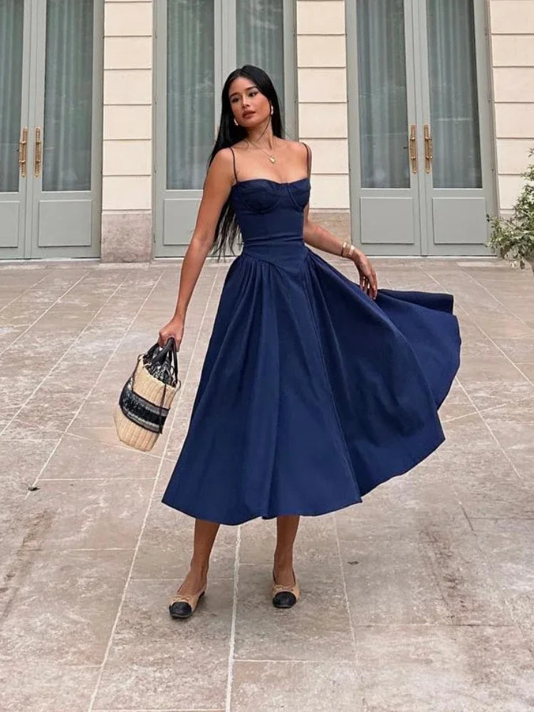 Suninheart Elegant Spaghetti Strap Midi Dress Slim A Line Party Dresses Navy Blue Casual Birthday Holiday Dress Women's clothing - Smarsty