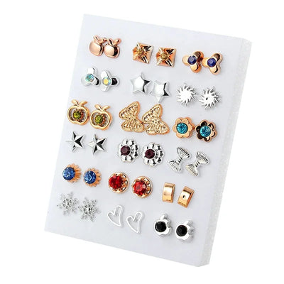 Gold and Silver Enamel Flower Heart Stud Earrings Set - Smarsty