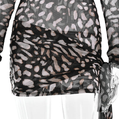 Fantoye Turtleneck Sexy Sheer Print Leopard Bandage Women Dress Long Sleeve Mini Dress Lady Spring Slim Elegant Party Club Dress - Smarsty