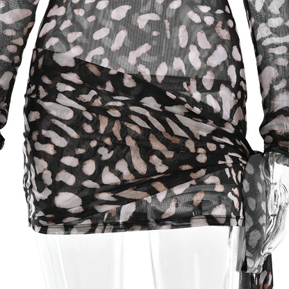Fantoye Turtleneck Sexy Sheer Print Leopard Bandage Women Dress Long Sleeve Mini Dress Lady Spring Slim Elegant Party Club Dress - Smarsty