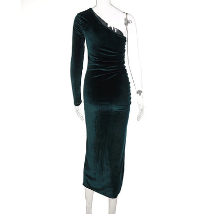 Women Elegant Long Sleeve Party Evening Velvet Bodycon Split Pencil Midi Dress Spring Autumn Clothes - Smarsty