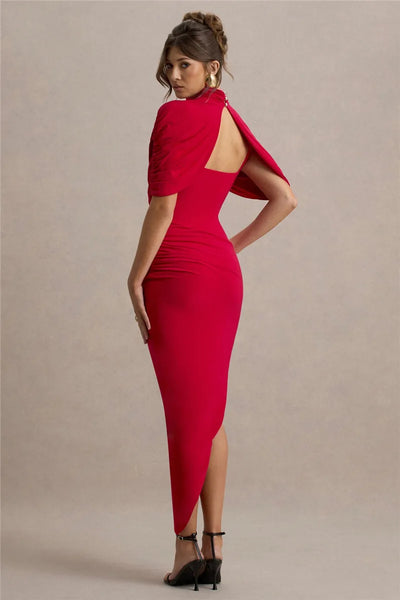Mozision Half Sleeve Backless Ruched Sexy Maxi Dress Women Summer New Turtleneck Slim High Waist Evening Club Party Long Dress - Smarsty