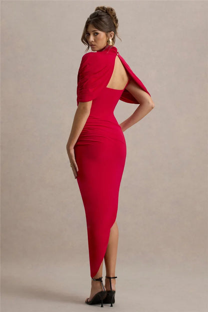 Mozision Half Sleeve Backless Ruched Sexy Maxi Dress Women Summer New Turtleneck Slim High Waist Evening Club Party Long Dress