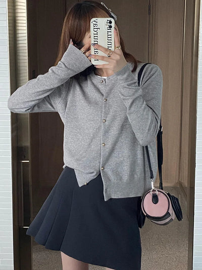 Solid Color Knitted for Women Cardigan Korean Single Breasted Long Sleeve Jumper Woman Round Neck All Match Cardigans Outwear - Smarsty