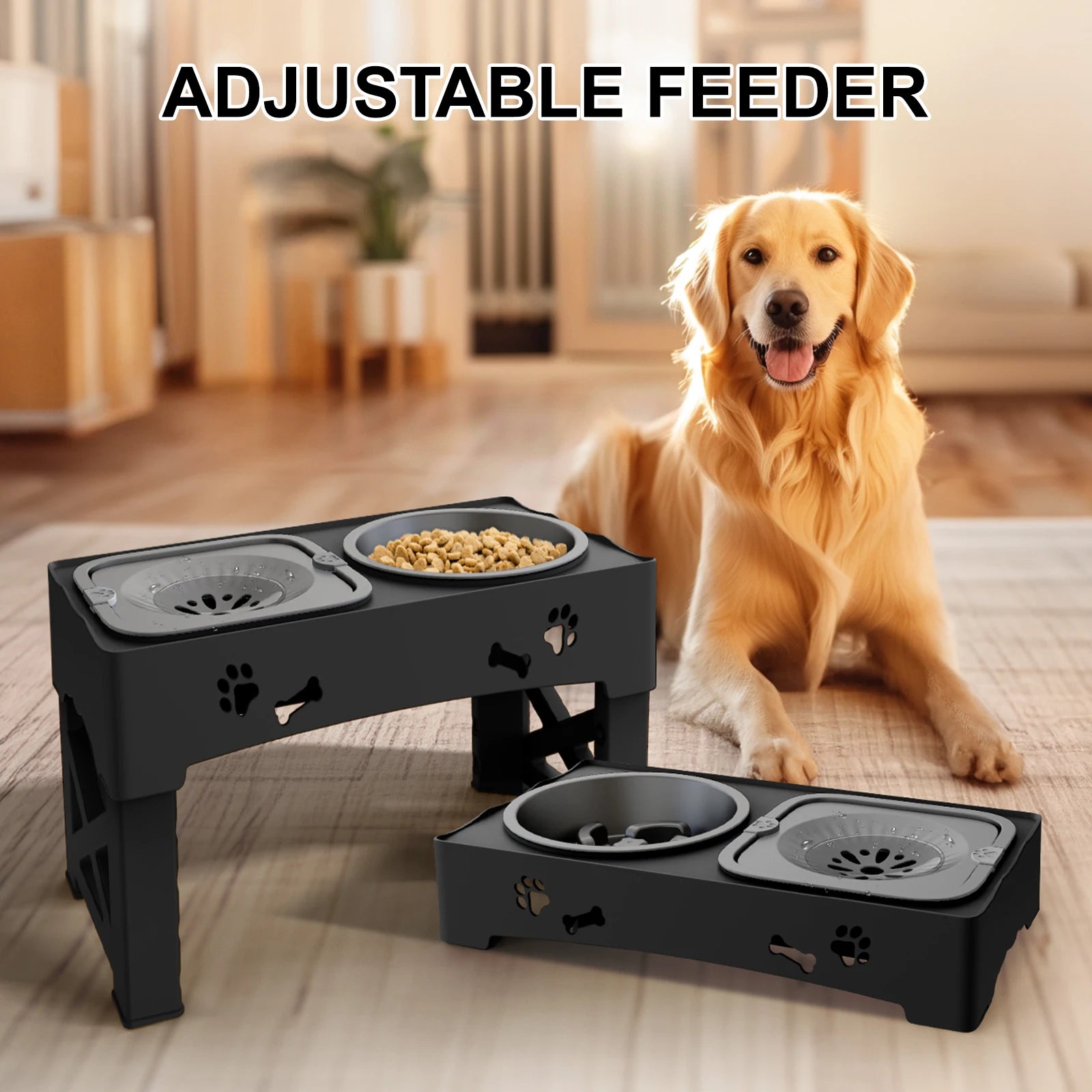 Adjustable 3 In 1 Pet Feeder With Slow Feed Bowls - Smarsty