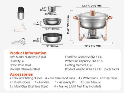 SucceBuy 4 Pack Chafing Dish Buffet Set Stainless Steel Chafer w/4 Full Size Pan Round Catering Warmer Server for Party Banquets - Smarsty