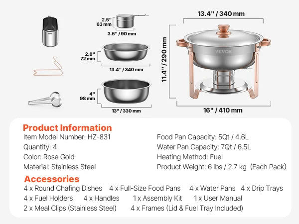 SucceBuy 4 Pack Chafing Dish Buffet Set Stainless Steel Chafer w/4 Full Size Pan Round Catering Warmer Server for Party Banquets