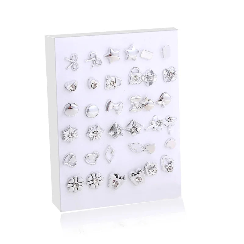 Gold and Silver Enamel Flower Heart Stud Earrings Set - Smarsty