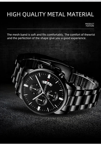 Luxury Black Stainless Steel Quartz Watch for Men - Smarsty