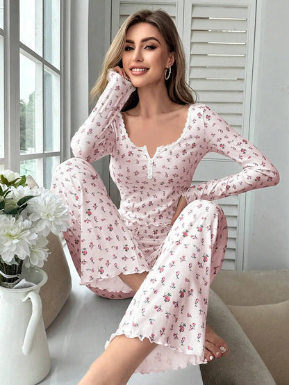 Sleepwear Women Floral Print Lettuce Trim Top with Long Pant Lovely Loungewear Full Sleeve Nightwear Spring Autumn Pajamas Set - Smarsty