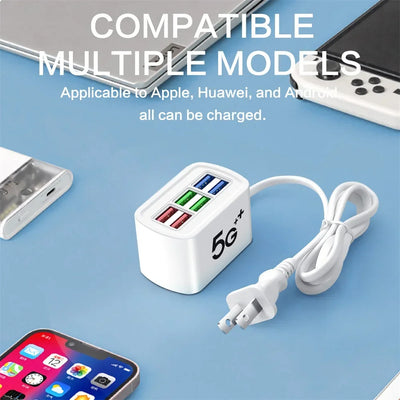 Fast USB Charger 6 in 1 Power Strip Desktop Charging Station Fast Charging 1m Cord USB HUB Adapter Socket for iPhone 16 Home - Smarsty