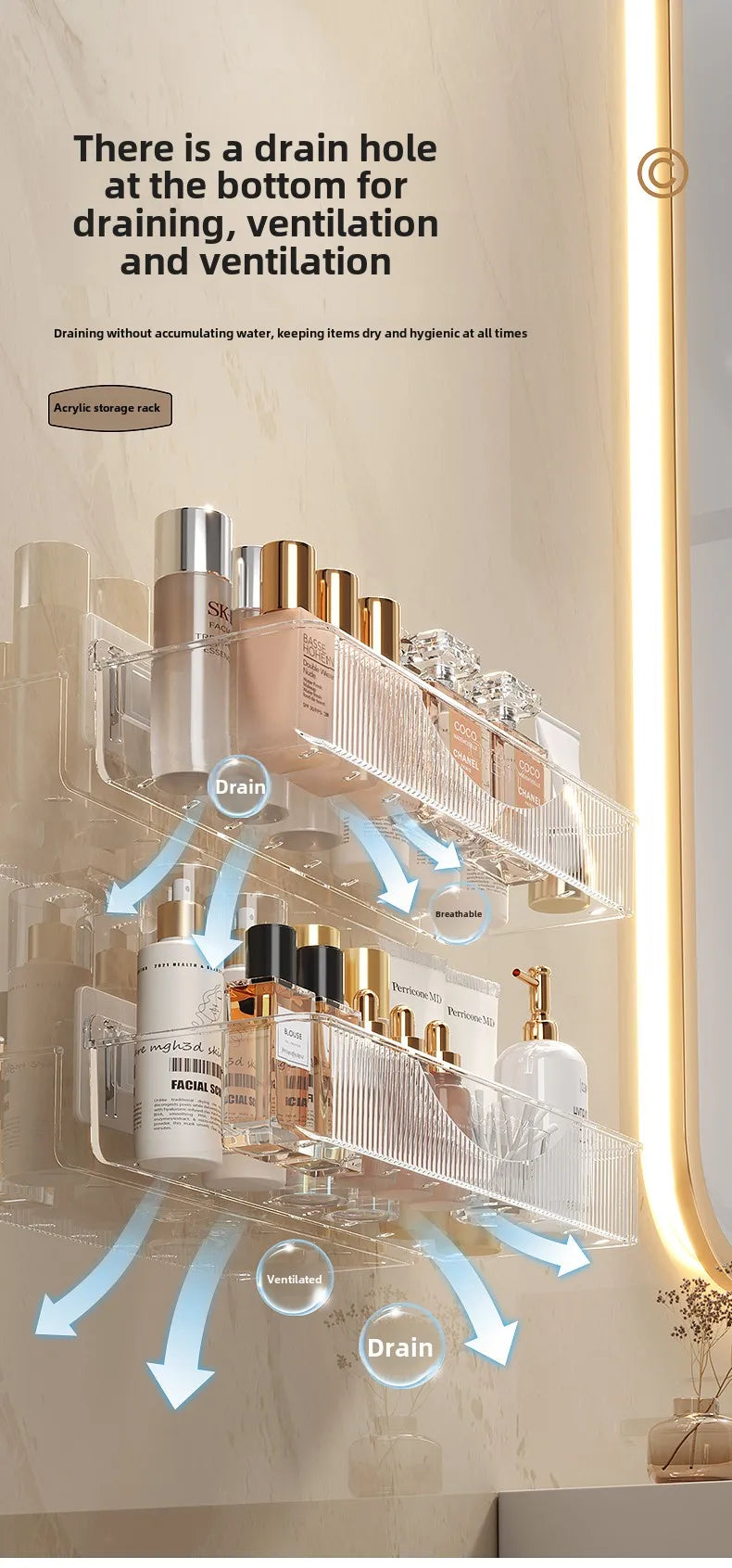 Wall mounted cosmetic and skincare storage rack for bathroom no need for drilling Multi functional kitchebathroom storage rackra by Smarsty