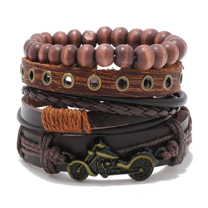 Vintage Leather Men Bracelet Woven Brown Wood Beads - Smarsty