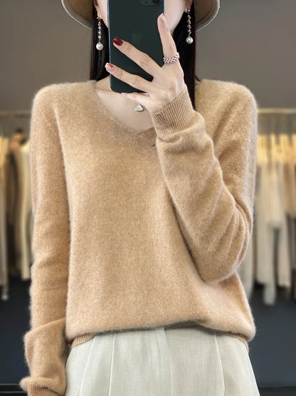 Fashion100% Merino Wool Sweater Cashmere  Pullover Women Knitwear V-Neck Long Sleeve  Autumn Winter Fashion Basic Clothing  Tops - Smarsty