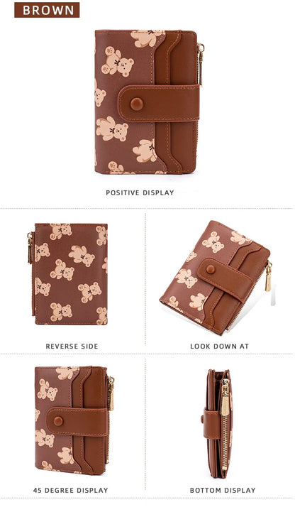Women Short Wallets PU Leather Female Bifold Purses Cute Bear Card Holder Wallet for Girl Small Zipper Wallet with Coin Purse - Smarsty