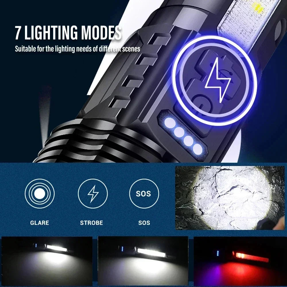 Rechargeable LED Flashlight Zoomable Torch with COB Side Led 7 Modes Waterproof High Power Hand Light Outdoor Wilderness Camping