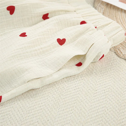Summer New Love Heart Print Pyjama 100% Cotton Long Sleeve Set 2Pcs Outfit Lapel Sleepwear Button Down Women's Pajamas Nightwear - Smarsty
